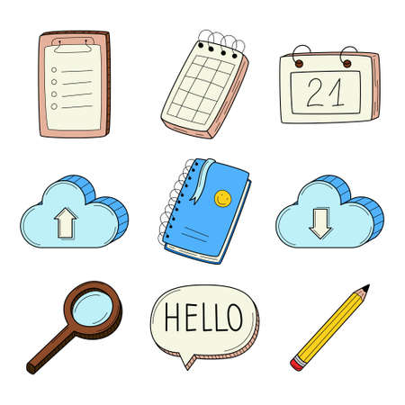 A set of colored doodle icons with a notepad, notebook, calendar, pencil, magnifying glass, cloud. Business symbols. Hand-drawn colorful vector illustration. Isolated on a white backgroundのイラスト素材