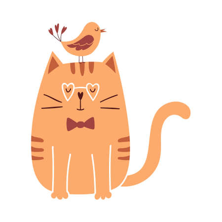 Cute cartoon cat with a bird on his head and a bow sits and smiles. Simple childish characters for Valentine's day cards. Vector illustration isolated on a white backgroundのイラスト素材