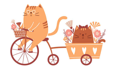 Cute cartoon cat rides a bicycle and carries a cat in a cart with flowers. Happy, adorable characters for Valentine's day cards. Vector childish illustration isolated on a white backgroundのイラスト素材