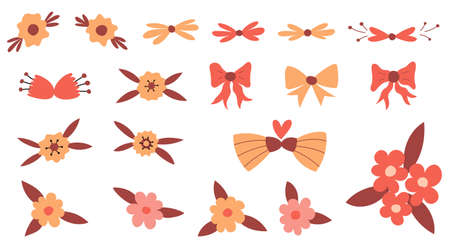 A set of simple botanical elements. Flowers, leaves, bows in childish style. Boho colors. Flat vector illustrations isolated on a white backgroundのイラスト素材