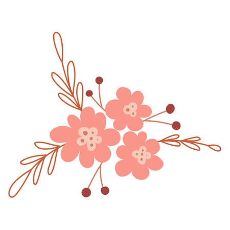 A simple floral arrangement with abstract pink flower buds, leaves, twigs and berries. Vector botanical illustration isolated on a white backgroundのイラスト素材