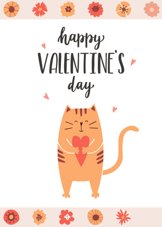 A greeting card with a cute, smiling cat holding a heart in its paws. A handwritten phrase Happy Valentines Day. Hand lettering.Cartoon vector illustration isolated on a white background with flowerのイラスト素材