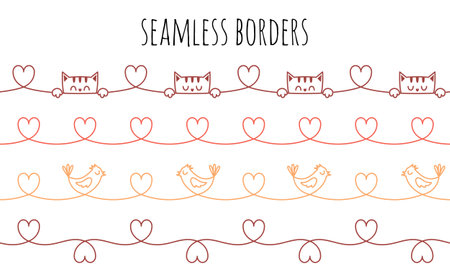 Horizontal seamless borders with linear cats, birds and hearts. A simple decorative element for frames. A set of color vector border isolated on a white backgroundのイラスト素材