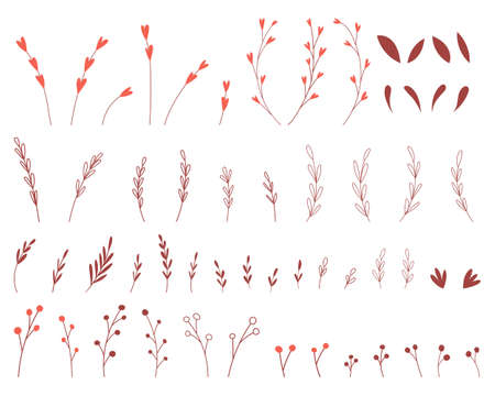 A set of simple botanical elements. Twigs, leaves, sprigs with hearts, berries in childish style. Boho colors. Flat vector illustrations isolated on a white backgroundのイラスト素材
