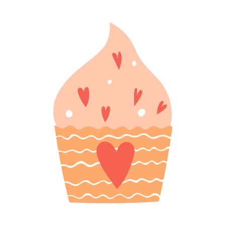 Cupcake with cream with sprinkles and hearts. Sweet food, pastries. A decorative element for Valentine's Day. Simple flat color vector illustration isolated on white backgroundのイラスト素材