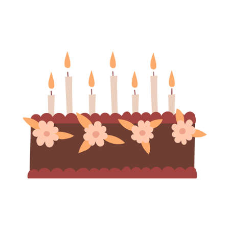 A whole birthday cake with flowers, cream and candles. Sweet food, pastries. Decorative element for Valentines day, birthday. Simple flat color vector illustration isolated on white background.のイラスト素材