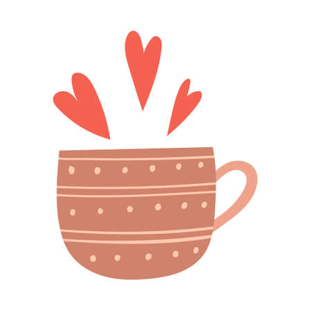 A mug with a pattern and hearts. A cup with a drink. Decorative element for Valentines Day cards. Simple flat color vector illustration isolated on white background.のイラスト素材