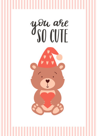 A Valentine's day card with a cute bear holding a heart and a handwritten phrase - You're so cute. A symbol of love, romance. Color flat vector illustration on a white background with a striped frameのイラスト素材