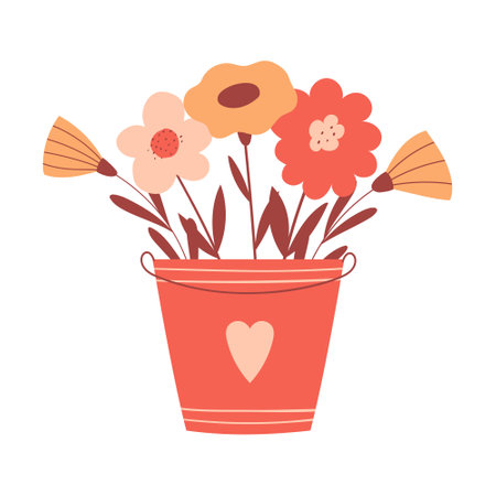 Flower arrangement, bouquet in a bucket with heart. Botanical composition with cute sinple flowers in cartoon style. Color vector illustrations isolated on a white backgroundのイラスト素材