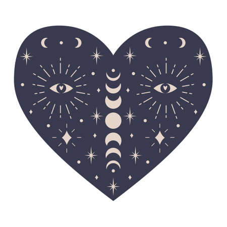 Symmetrical Mystical Heart with celestial elements, moon phases, crescent moon, stars, eye. Decorative element for Valentines day cards, packaging design. Color vector illustration isolated on white.のイラスト素材