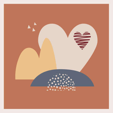 A postcard with abstract, textural shapes and elements, a heart, mountains in neutral, pastel colors. boho landscape. design for print, cover, Minimal and natural wall art. vector illustrationのイラスト素材