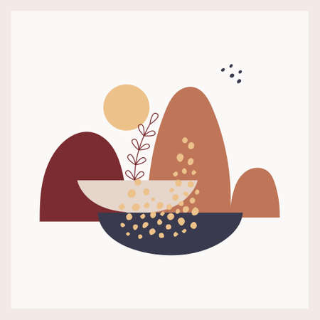 A postcard with abstract, textural forms and elements, the sun, mountains, a twig in neutral, pastel colors. boho landscape. Square poster, print. Minimal and natural wall art. vector illustration.のイラスト素材