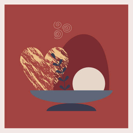 A postcard with abstract, textural shapes and elements, a heart, a twig, a mountain. boho landscape. Square poster, print. Minimal and natural wall art. Vector illustration on a red backgroundのイラスト素材