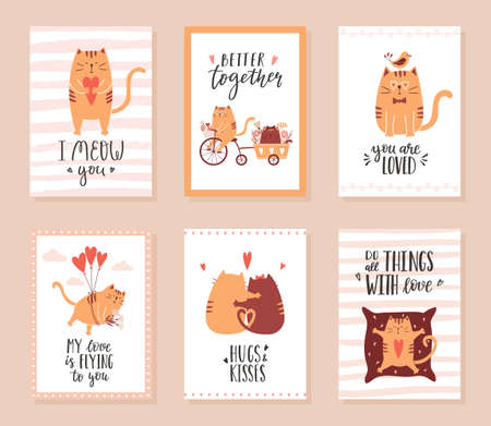 A set of greeting cards, posters for Valentine's Day with handwritten lettering phrases and cute cats in love. Cats are hugging, riding a bicycle, giving a heart. Vector illustrations in cartoon styleのイラスト素材