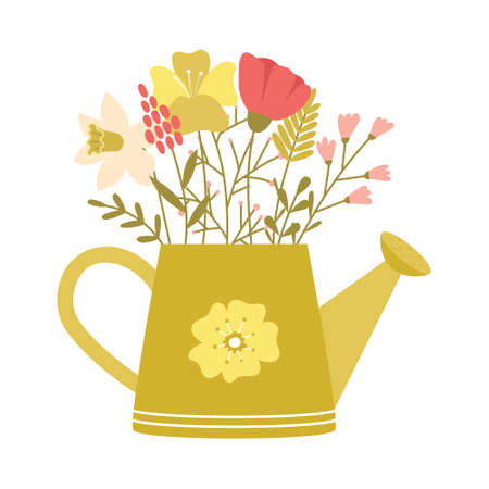 Watering can with simple spring flowers, twigs, herbs. Cute decorative element in cartoon style for Easter and Spring greeting cards. Color vector illustration isolated on a white background.のイラスト素材