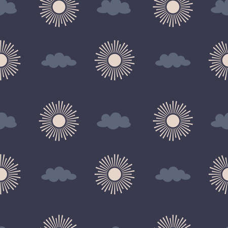 Vector Seamless pattern with simple celestial elements, sun, cloud. Minimalistic backdrop on a dark...