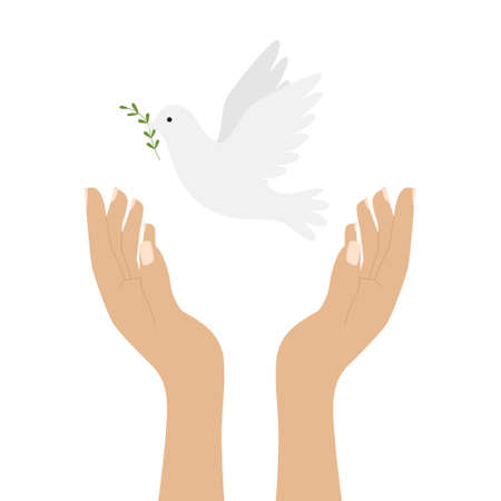 Raised human hands releasing a white dove, a symbol of peace. A flying bird of peace. Color illustration in a flat style isolated on a white backgroundのイラスト素材