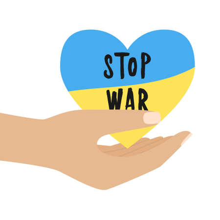 A human hands holding a heart in the colors of Ukrainian flag. Symbol of peace. Stop war. Color illustration in a flat style isolated on a white background.のイラスト素材