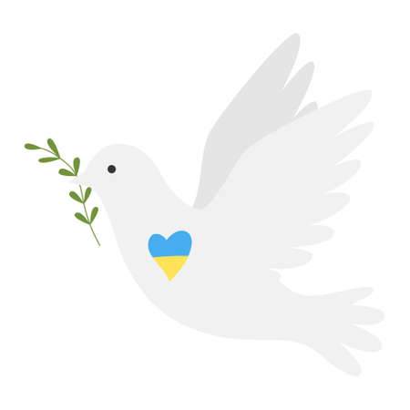A white dove, a symbol of peace. A flying bird of the world holds a green twig in its beak. The heart is in colors of the Ukrainian flag. No war. Color illustration in a flat style isolated on whiteのイラスト素材