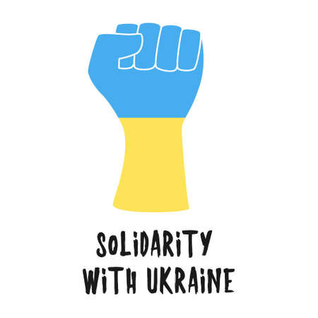 A raised human hand. a symbol of solidarity, support, complicity, consent, unity. A hand in the colors of the Ukrainian flag. Solidarity with Ukraine. Flat color illustration, isolated on whiteのイラスト素材