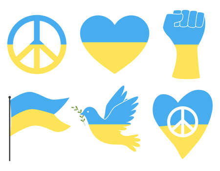 A set of symbols in the colors of the Ukrainian flag. A symbol of peace, a hand of solidarity, a flag, a heart and a dove. Color illustration in a flat style, isolated on a white backgroundのイラスト素材