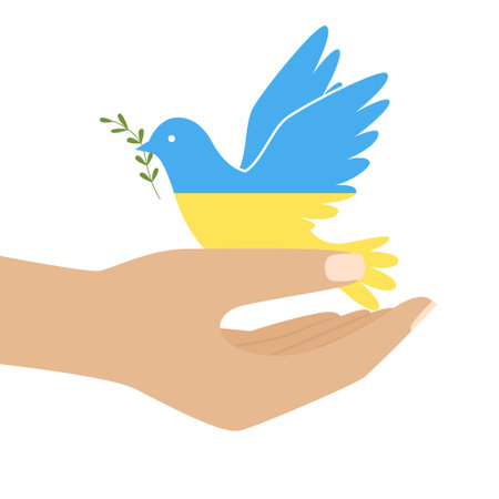 A human hands holding a dove in the colors of Ukrainian flag. Symbol of peace. Bird holding twig in the beak. Stop war. Color illustration in a flat style isolated on a white backgroundのイラスト素材