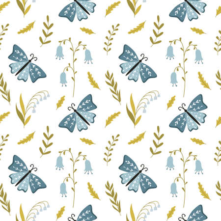 Seamless pattern with hand-drawn cute blue butterflies, spring flowers, lily of the valley, bluebell, herbs and twigs. For wrapping paper, scrapbooking, home textiles. Vector illustration on whiteのイラスト素材