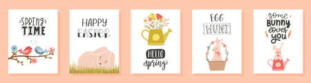 A set of Easter, spring greeting cards with handwritten lettering phrases, cute rabbits, flowers, birds. Happy Easter, spring time. Vector illustrations in a cute cartoon style on a white backgroundのイラスト素材