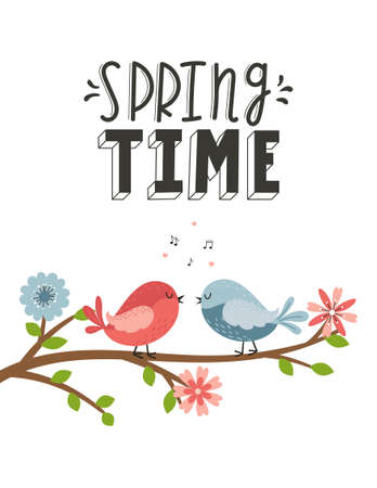 A card with cute lovebirds sitting on a branch with flowers, notes and hearts. A hand-drawn phrase - Springtime. Color flat cartoon vector illustration on white background.のイラスト素材