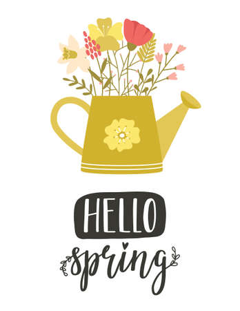 A card with a cute cartoon watering can and simple spring flowers, twigs and herbs. Hand lettering phrase - Hello spring. Color flat cartoon vector illustration on white background.のイラスト素材