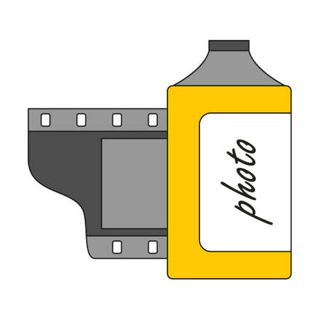 camera film roll. Vintage retro photography film in cartridge. The symbol of the 90s. A flat icon with an outline. Color vector illustration isolated on a white backgroundのイラスト素材