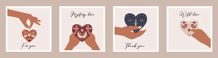 A set of postcards with hands holding a heart with heavenly, boho, mystical, botanical elements and...