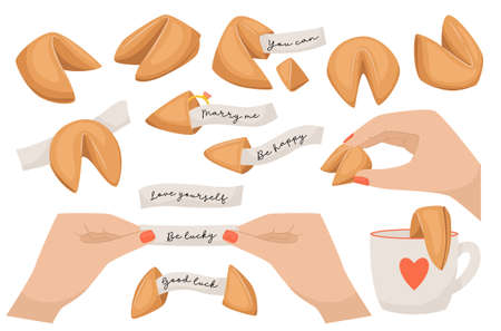 Set of Fortune Cookies with Lucky Forecasting on Paper Pieces. Surprised Message inside of Bake. Chinese Traditional Food, Prediction for Future, Lottery, Destiny Forecast. Cartoon Vector Illustrationのイラスト素材