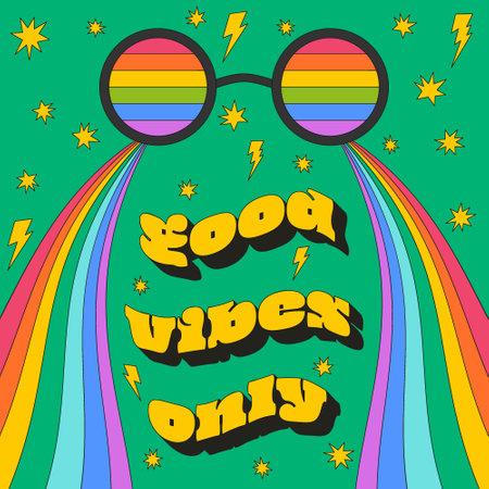 A square retro vintage card with the typographic phrase Good vibes only. Rainbow glasses and waves, stars with a stroke. Vector poster on a bright green background.のイラスト素材