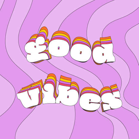 A square card with the typographic phrase Good vibes. Text illustration with a stroke. Vector poster on a bright striped backgroundのイラスト素材