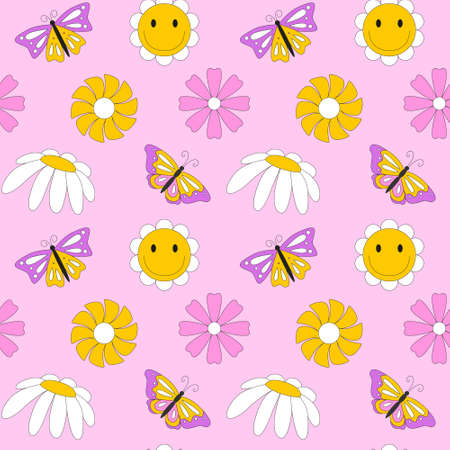 Seamless pattern with retro, vintage simple flowers, daisies, butterflies. Doodle flowers with a stroke. Great for textiles, packaging paper. Color vector illustrations on a pink backgroundのイラスト素材