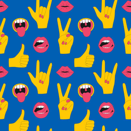 Seamless pattern with lips with tongue sticking out, gestures I love you, victory, okay. Elements with a stroke. Great for textiles, packaging paper. Color vector illustrations on a blue background.のイラスト素材