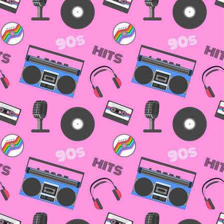 Seamless pattern with retro technics and symbols of the 90s. Boombox, audio cassette, vinyl record, headphones, microphone. Great for textiles and wrapping paper. Color vector illustrations on pinkのイラスト素材