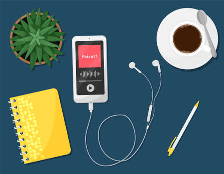 A smartphone with earphones. Podcast concept. A set of items about podcasting. An app on a smartphone. Coffee, succulent flower, pencil. notepad on the table. top view. flat vector illustrationのイラスト素材