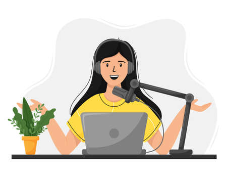 A young girl, a woman recording an audio podcast, into a microphone on a stand. Interview, radio, podcast, online show. The concept of online podcasting. Vector illustration in a flat styleのイラスト素材