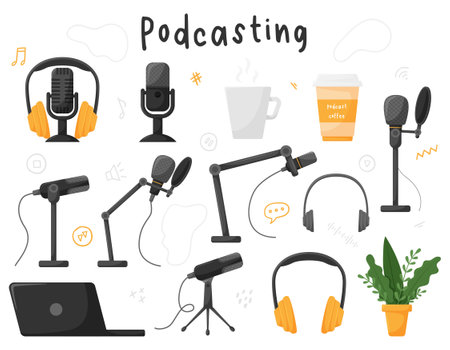 A set of elements for podcasting, blogging. Microphone, headphones, coffee cup, mug, microphone on the counter. Vector illustrations in a flat cartoon style isolated on a white backgroundのイラスト素材
