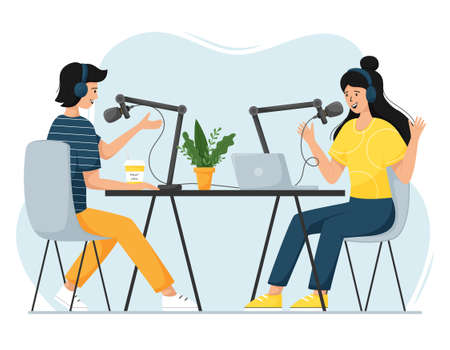 A girl and a man record a podcast and gesticulate. Online, live stream, audio recording in progress. The concept of podcast, blogging. Vector illustrations in a flat cartoon style isolated on white.のイラスト素材