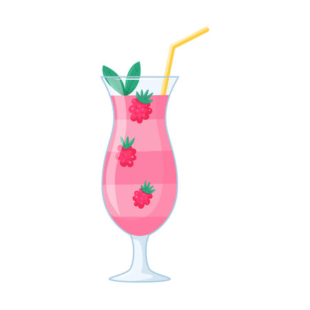 Summer beach puff cocktail. A refreshing drink with raspberries in a transparent cocktail glass with a straw and leaves. Healthy beverage in cartoon style on a white background. vector illustration.のイラスト素材