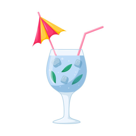 Summer beach ice cocktail. A refreshing mixed drink with ice cubes and mint leaves in a transparent wine glass with a straw. Healthy beverage in cartoon style on white background. Vector illustrationのイラスト素材
