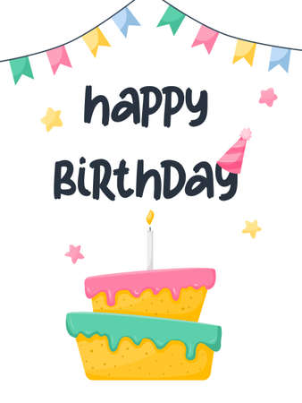 Birthday card with a cake and a candle, festive cap, stars and flags. happy birthday. Rectangular card. Vector illustration in a flat cartoon style on a striped backgroundのイラスト素材