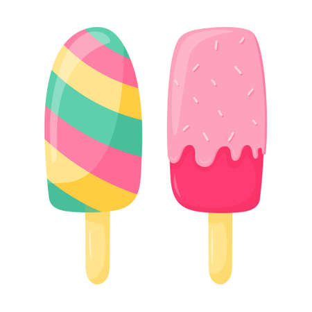 Popsicle on a stick, striped fruit ice and classic with icing and sprinkling. Sweet food, dessert, a symbol of summer. Vector illustration in a flat cartoon style isolated on a white backgroundのイラスト素材