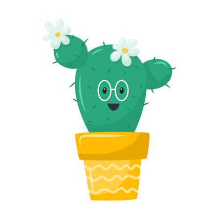 Cute happy cactus in pot, succulent with glasses. A houseplant wth flowers. adorable botanical character. Vector illustration in a flat cartoon style isolated on a white backgroundのイラスト素材