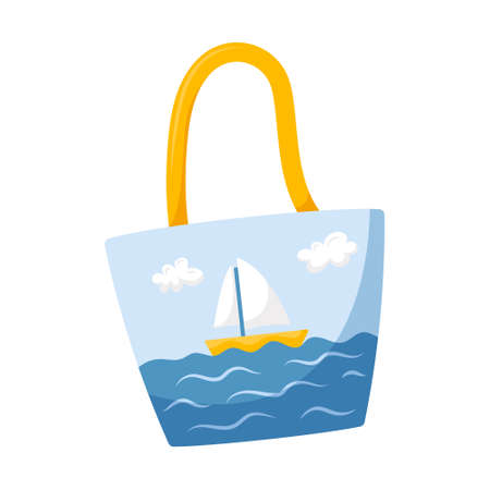 A beach bag with a landscape, with the sea and a ship. A sailboat on the waves of the sea. Vector illustration in a flat cartoon style isolated on a white backgroundのイラスト素材