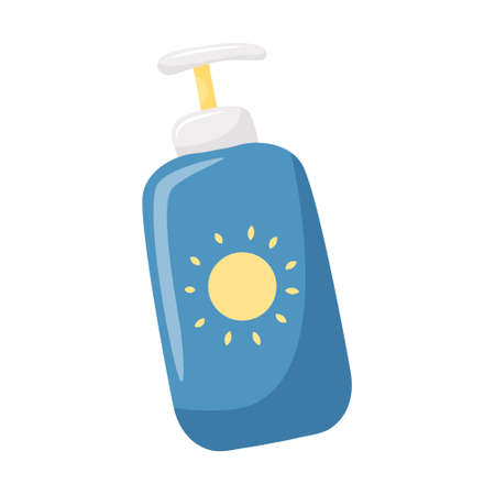 Sunscreen, suntan lotion. Summer protective cosmetic in a tube with a dispenser and an image of the sun. Vector illustration in a flat cartoon style isolated on a white backgroundのイラスト素材