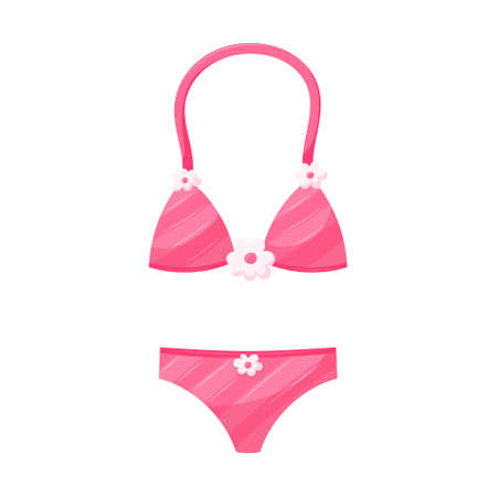Separate women's pink striped swimsuit with flowers. Top and underpants. Beach women's clothing, underwear. Vector illustration in a flat cartoon style isolated on a white backgroundのイラスト素材